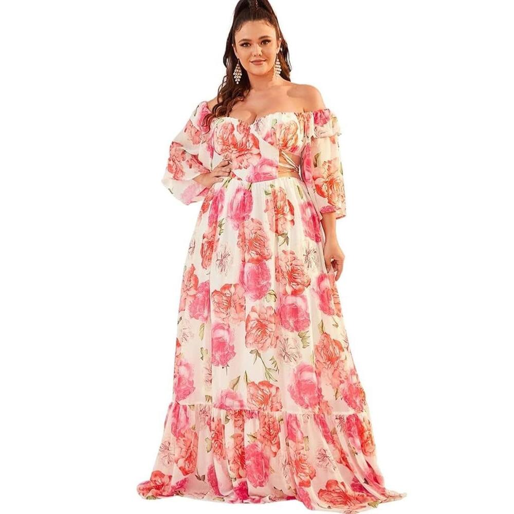 Womens Plus Size Off The Shoulder Floral Print Cut Out Ruffle Hem Chiffon Maxi D